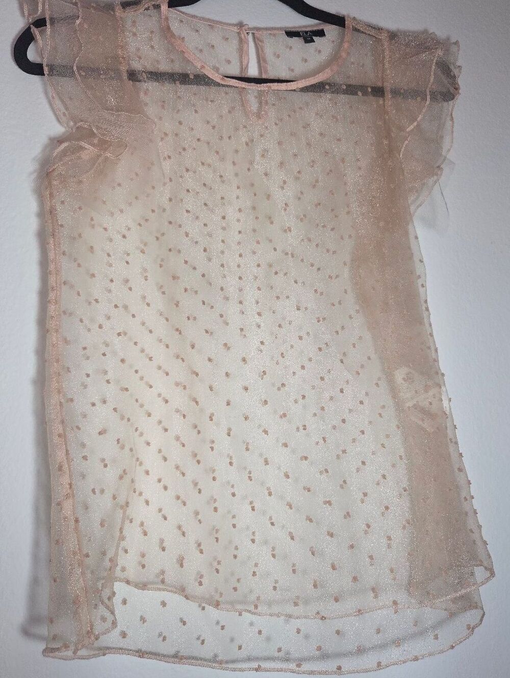 ELA Sheer Polka Dot Ruffle Sleeve Blouse in Light Pink